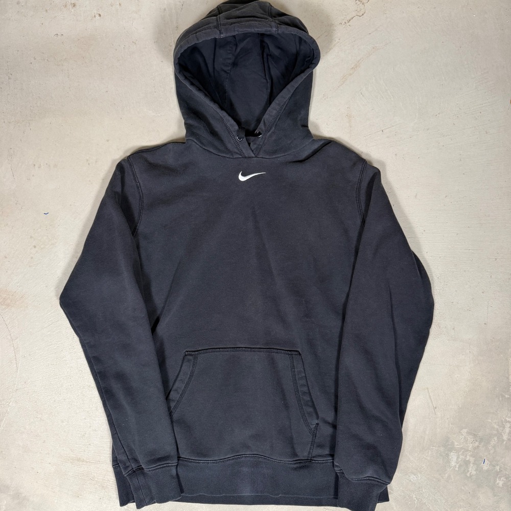 Nike Mens Center Swoosh Hoodie XL Black Embroidered Mini Logo Pullover Fleece